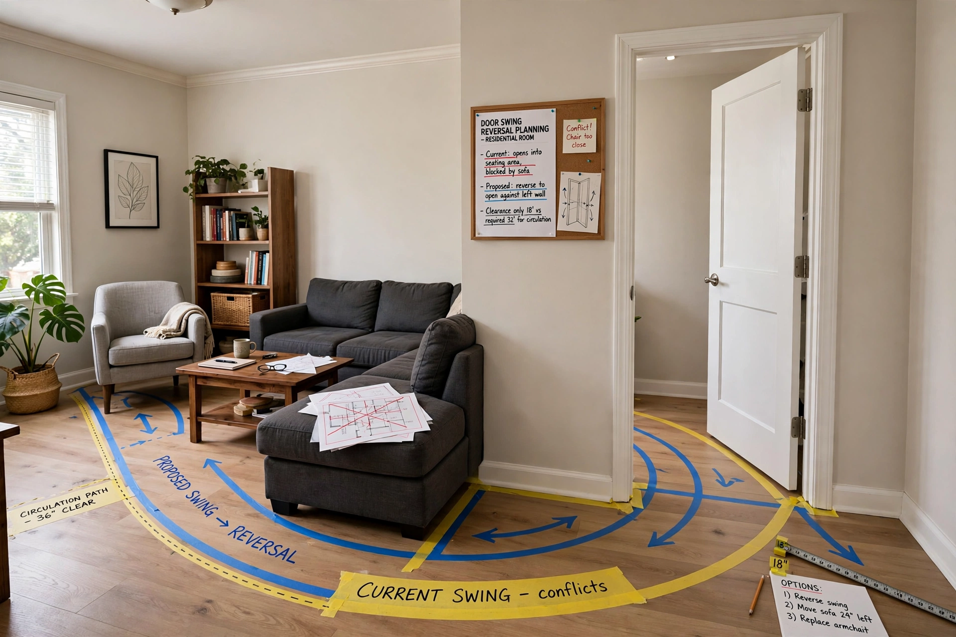 Interior Door Swing Reversal Planning for Residential Rooms With Conflicting Furniture and Circulation Paths